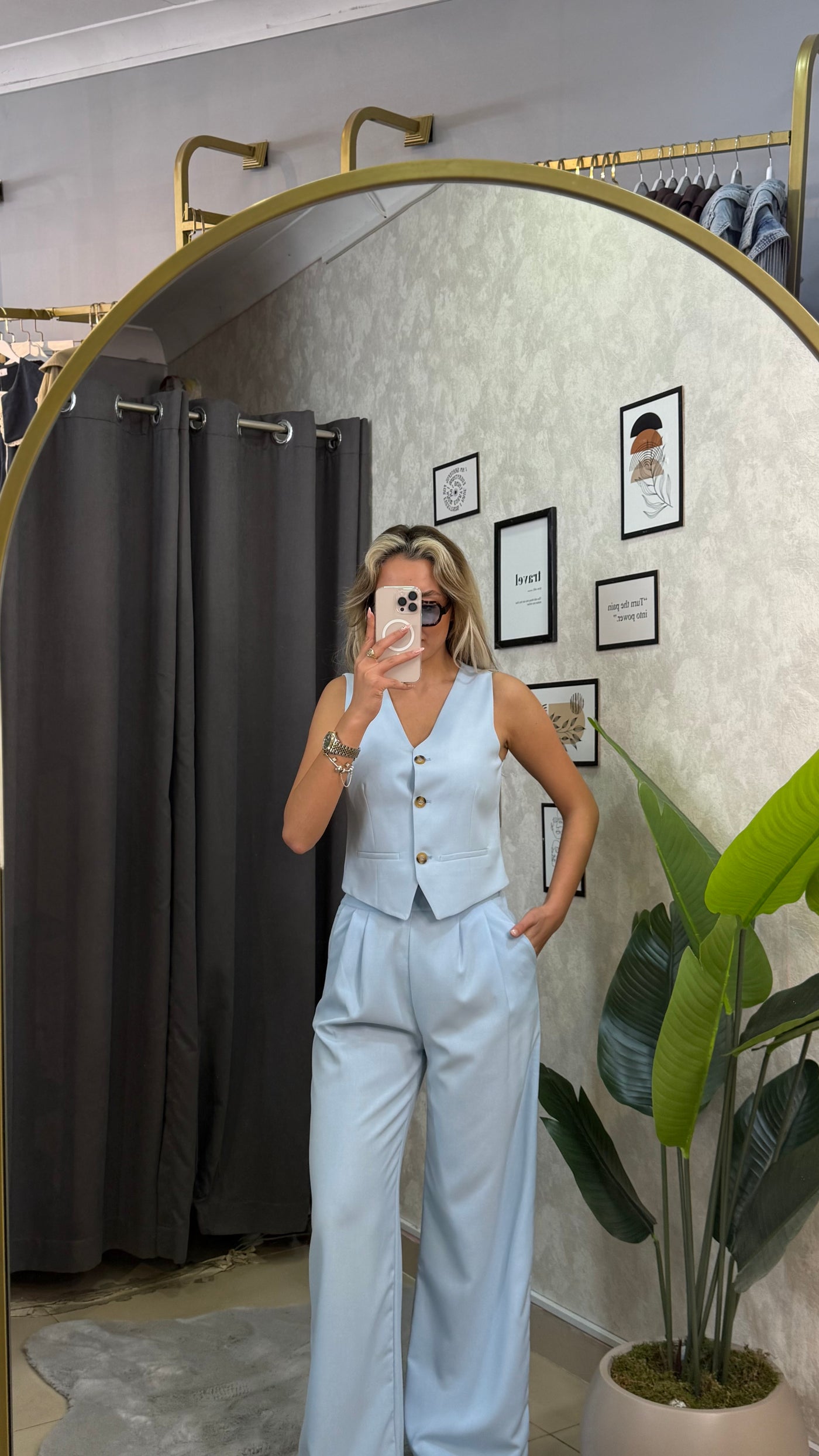 YELEKLİ MAVİ PALAZZO TAKIM