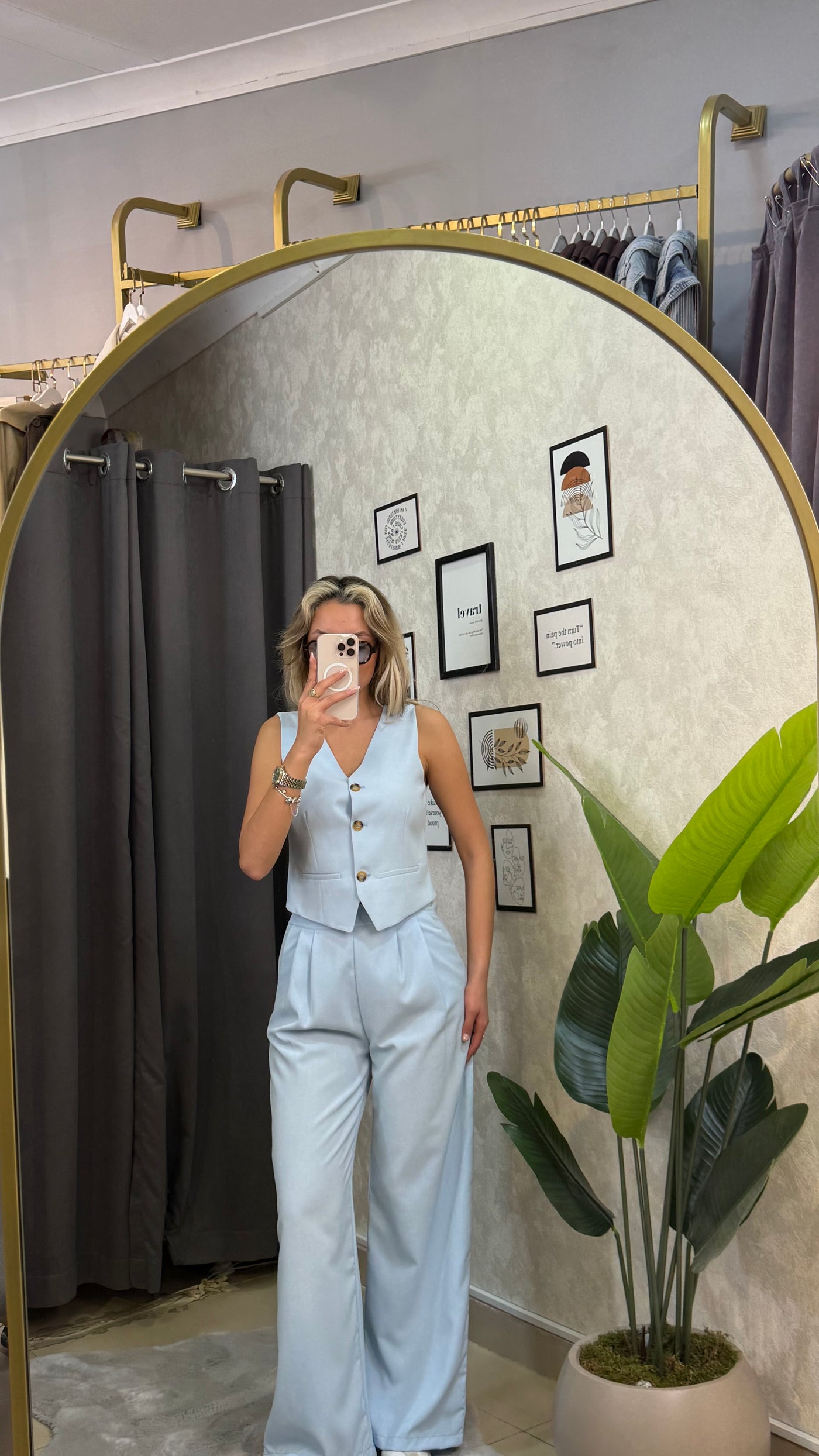 YELEKLİ MAVİ PALAZZO TAKIM