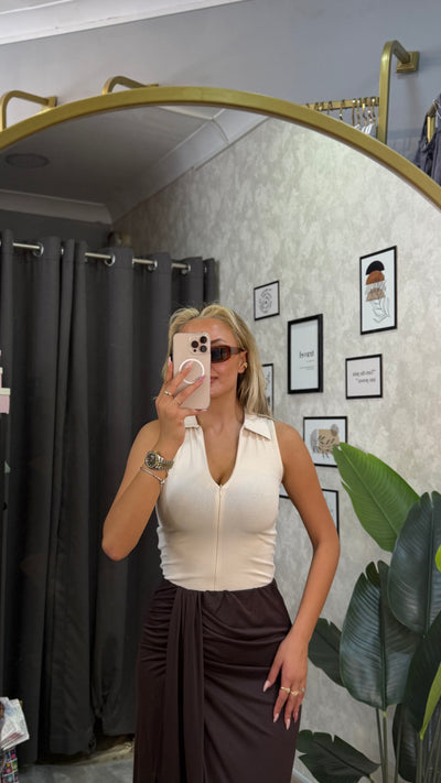 ÇİFT FERMUAR DETAYLI POLO YAKA KREM BASIC